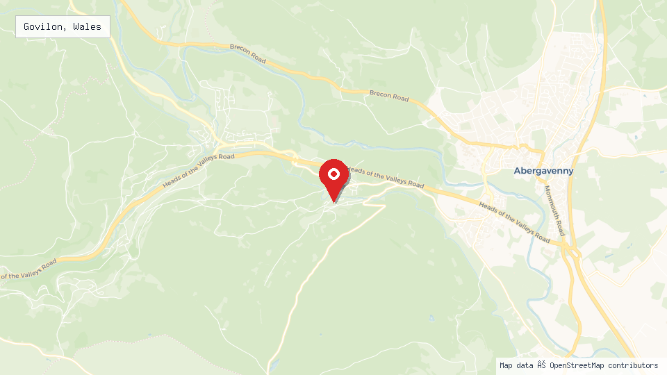 Street map of Govilon, Wales with location pin