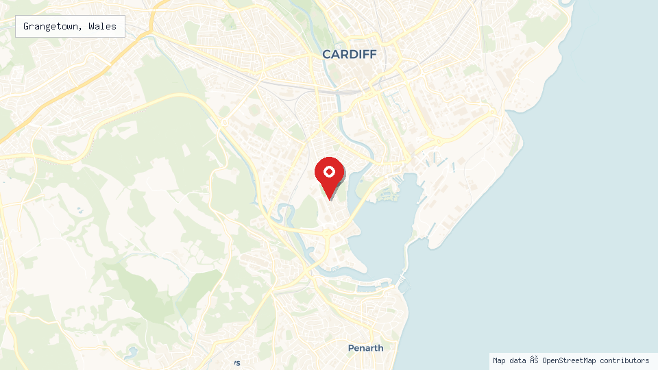 Street map of Grangetown, Wales with location pin
