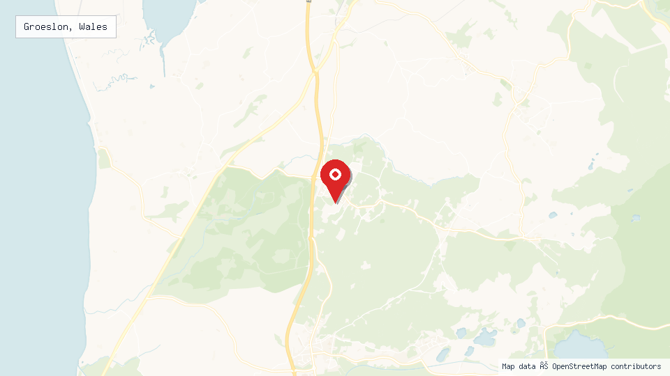 Street map of Groeslon, Wales with location pin