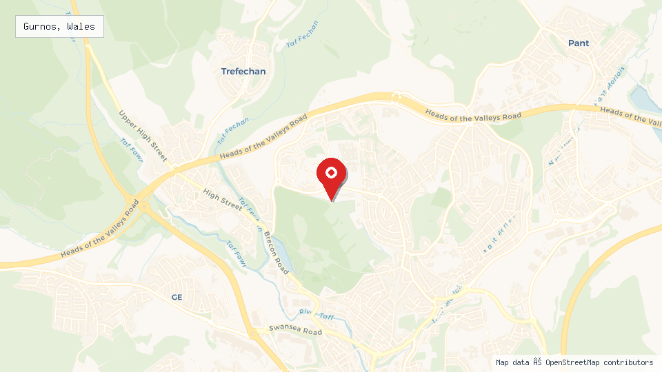 Street map of Gurnos, Wales with location pin