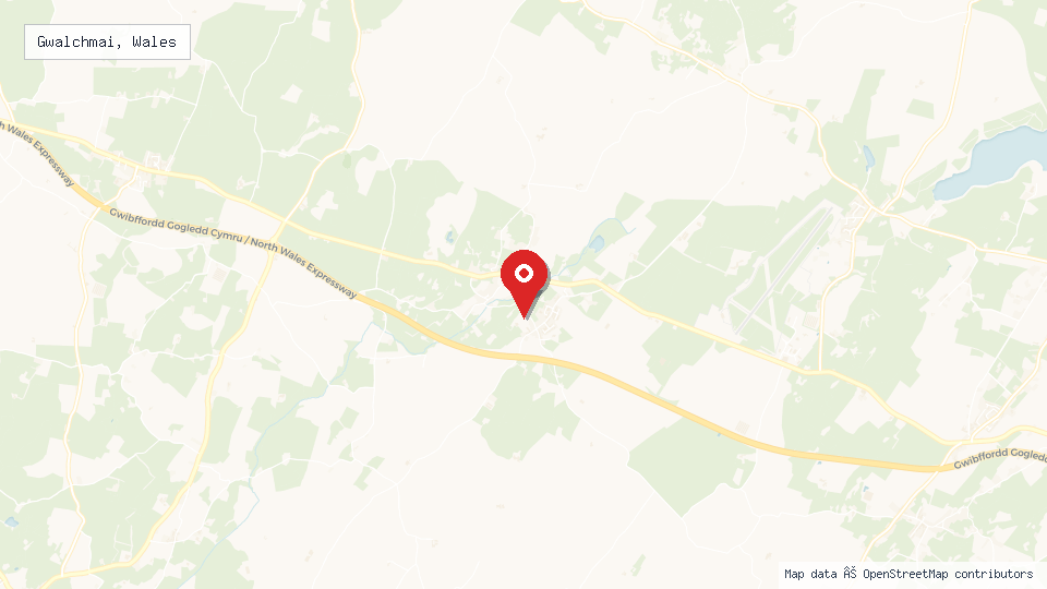 Street map of Gwalchmai, Wales with location pin
