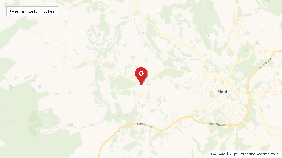 Street map of Gwernaffield, Wales with location pin