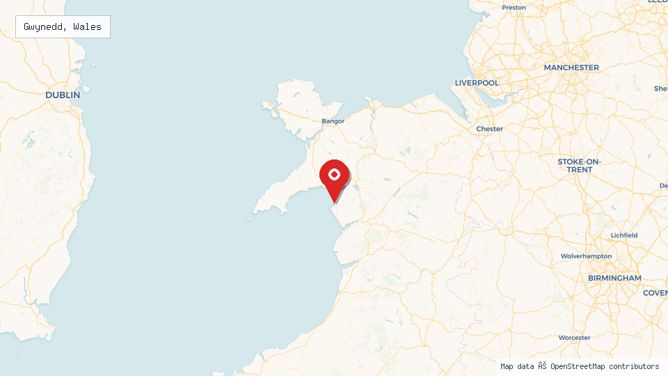 Street map of Gwynedd, Wales with location pin