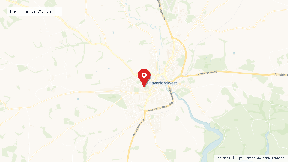 Street map of Haverfordwest, Wales with location pin