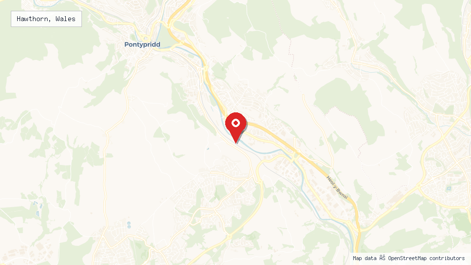 Street map of Hawthorn, Wales with location pin