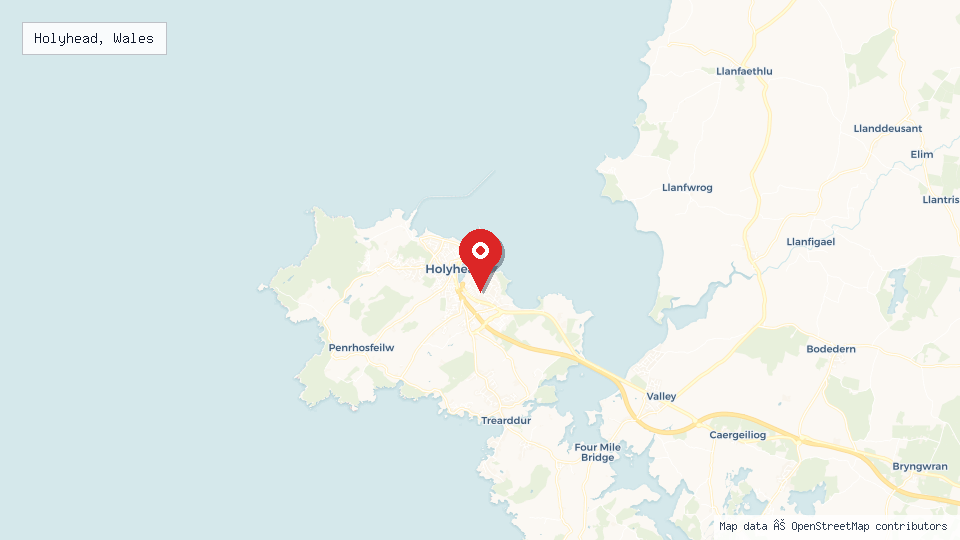 Street map of Holyhead, Wales with location pin