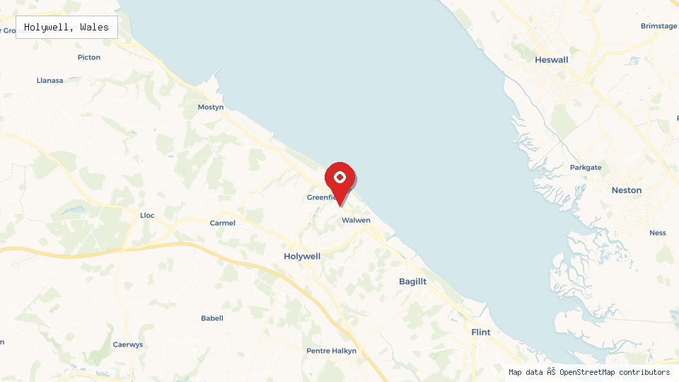 Street map of Holywell, Wales with location pin