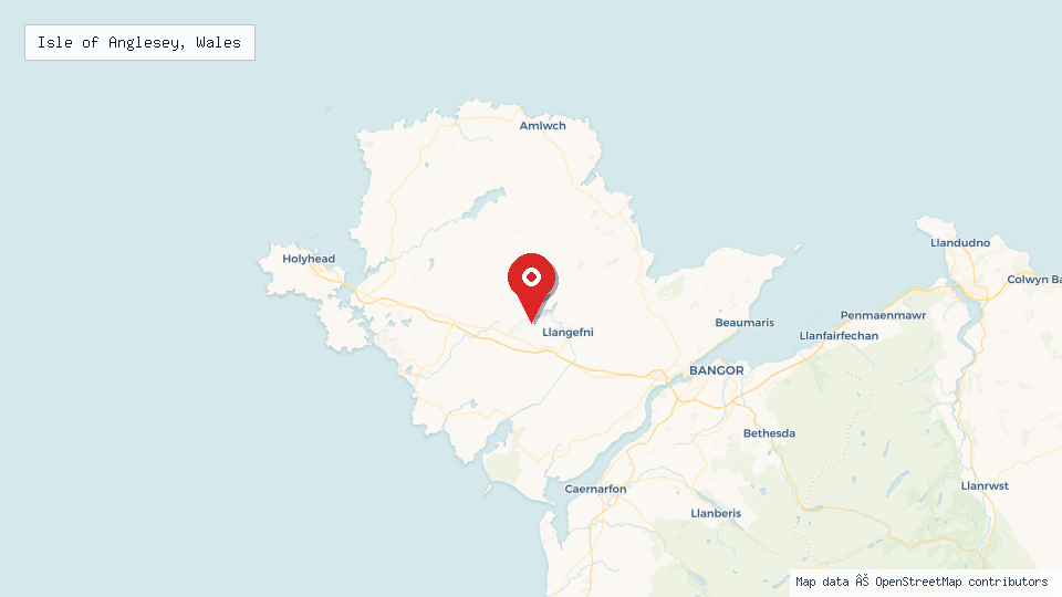 Street map of Isle of Anglesey, Wales with location pin