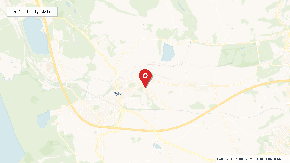 Street map of Kenfig Hill, Wales with location pin