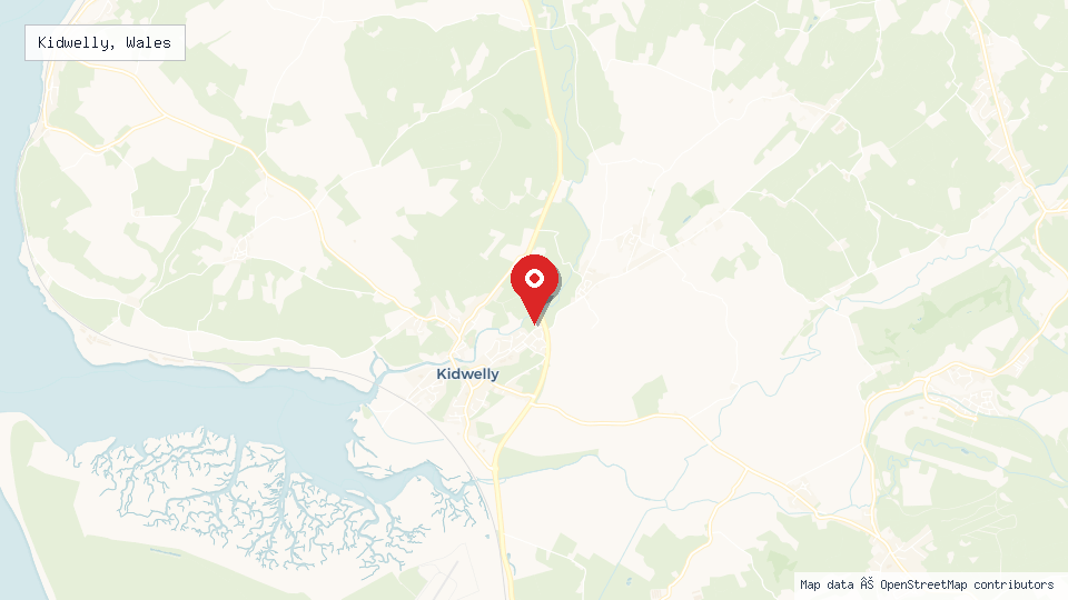 Street map of Kidwelly, Wales with location pin