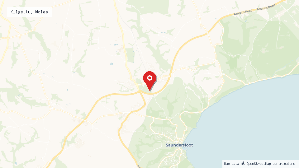 Street map of Kilgetty, Wales with location pin