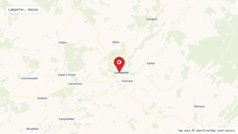 Street map of Lampeter, Wales with location pin
