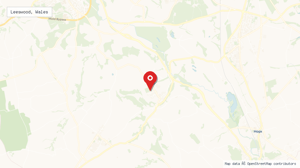 Street map of Leeswood, Wales with location pin