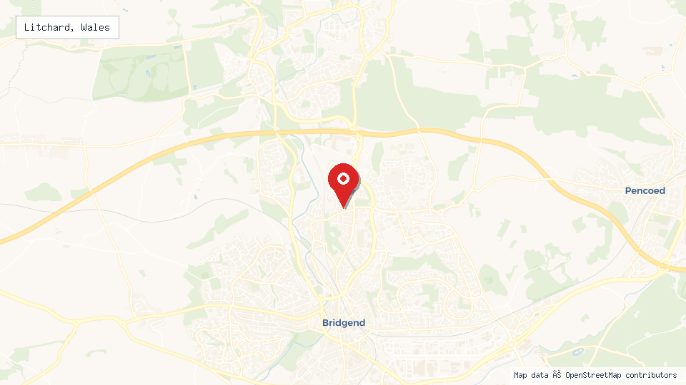 Street map of Litchard, Wales with location pin