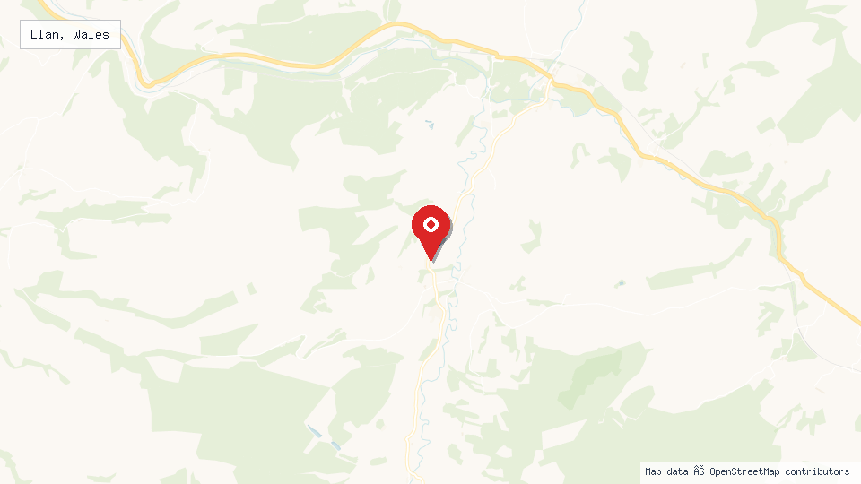 Street map of Llan, Wales with location pin