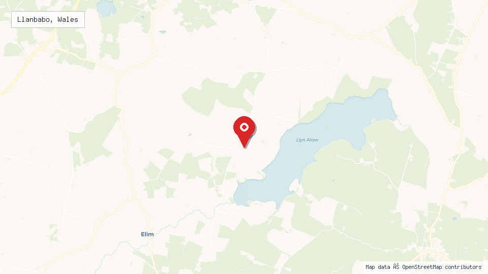 Street map of Llanbabo, Wales with location pin