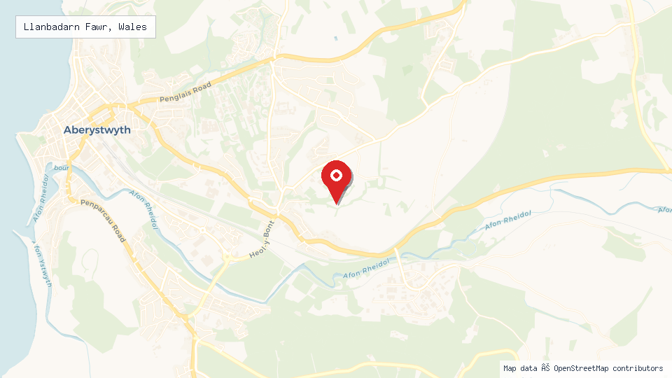 Street map of Llanbadarn Fawr, Wales with location pin