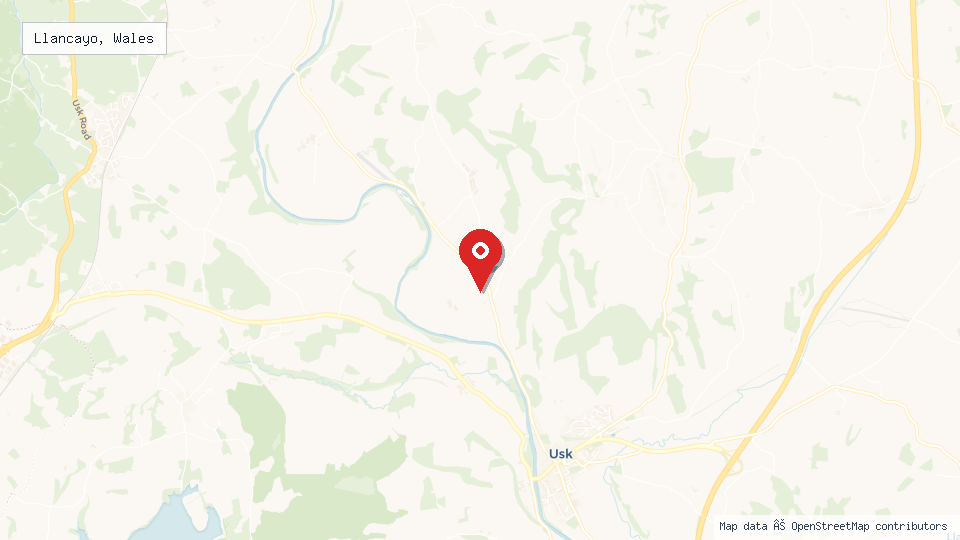 Street map of Llancayo, Wales with location pin