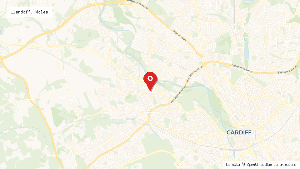 Street map of Llandaff, Wales with location pin