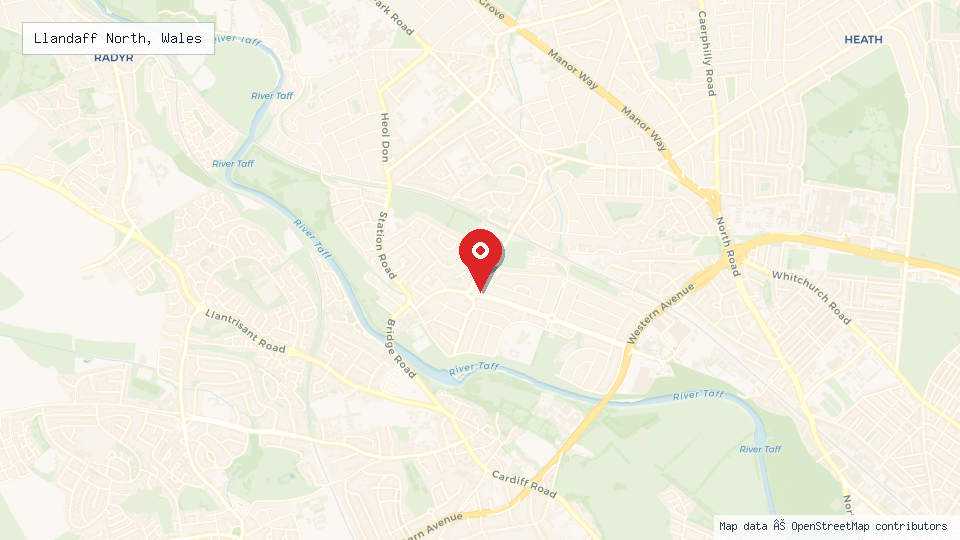 Street map of Llandaff North, Wales with location pin