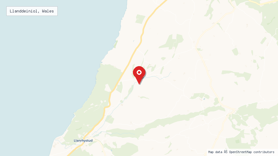 Street map of Llanddeiniol, Wales with location pin