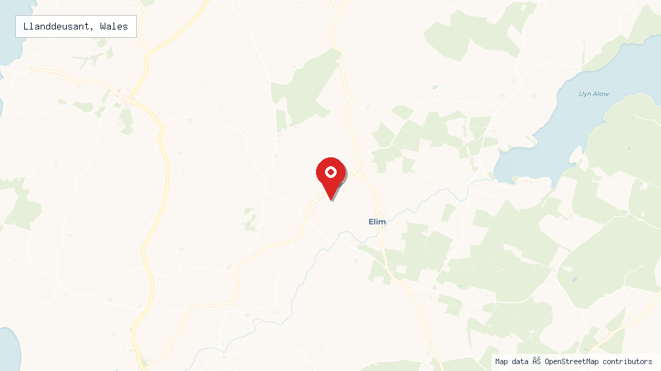 Street map of Llanddeusant, Wales with location pin