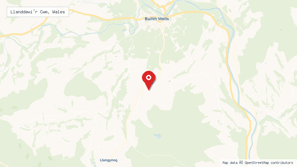 Street map of Llanddewi'r Cwm, Wales with location pin