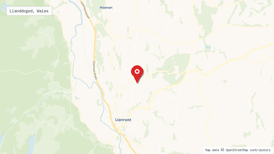 Street map of Llanddoged, Wales with location pin