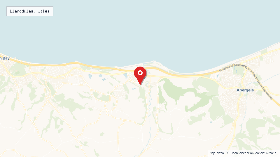 Street map of Llanddulas, Wales with location pin
