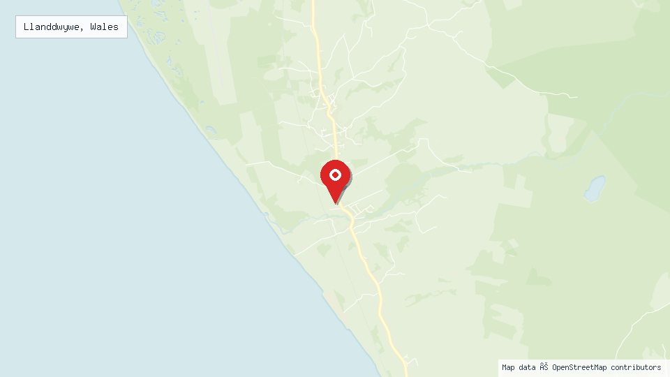 Street map of Llanddwywe, Wales with location pin