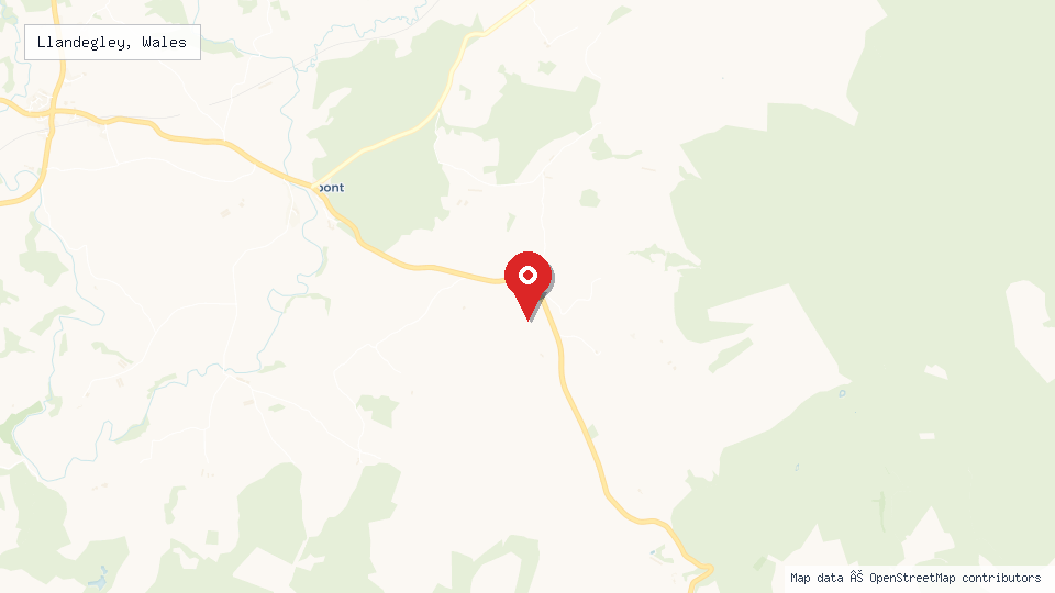 Street map of Llandegley, Wales with location pin