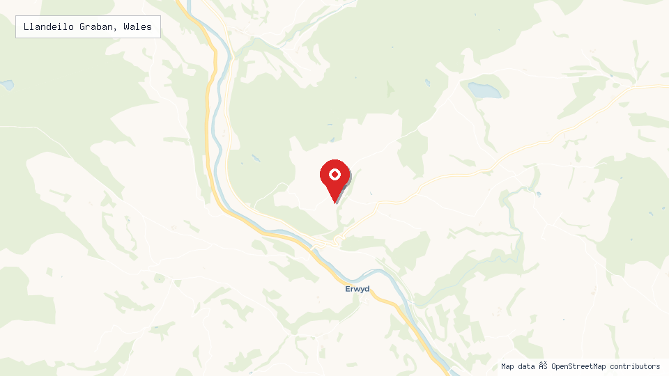Street map of Llandeilo Graban, Wales with location pin