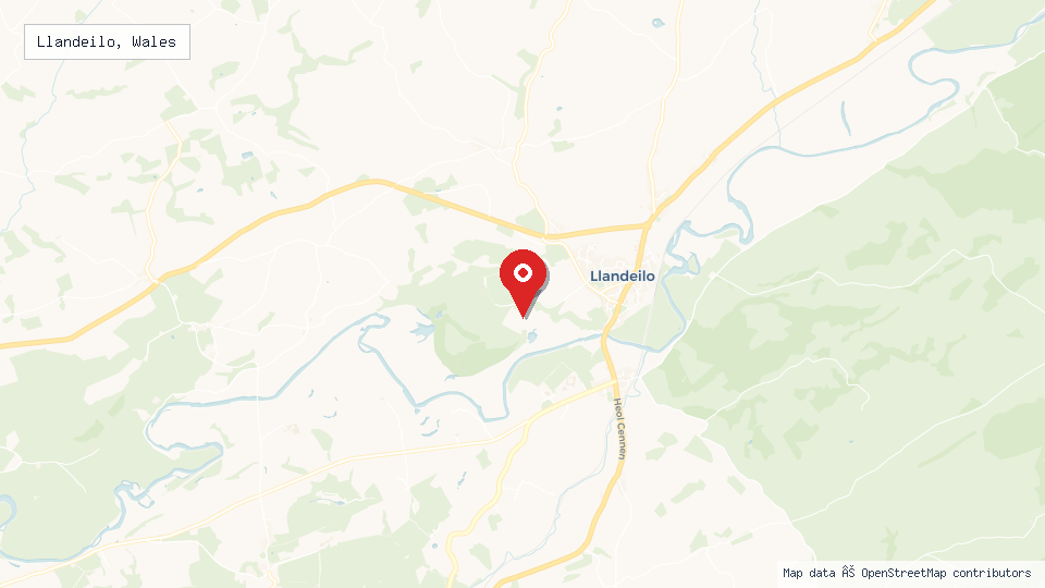 Street map of Llandeilo, Wales with location pin