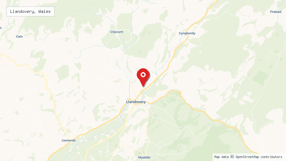 Street map of Llandovery, Wales with location pin