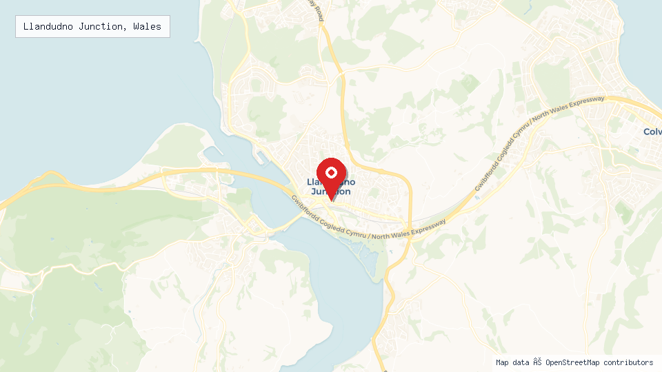 Street map of Llandudno Junction, Wales with location pin