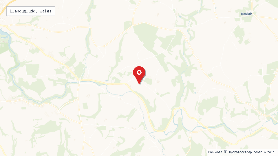 Street map of Llandygwydd, Wales with location pin