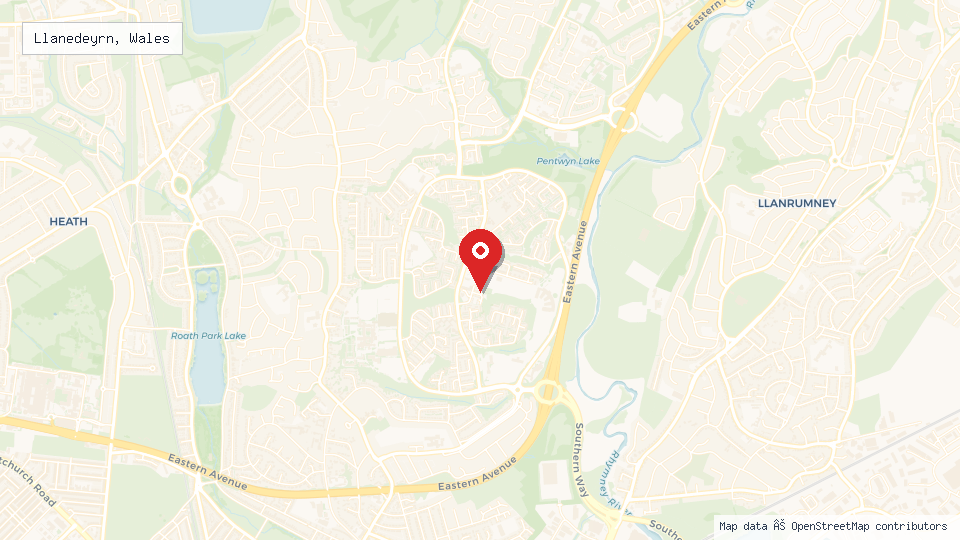 Street map of Llanedeyrn, Wales with location pin