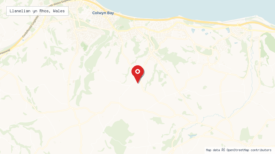 Street map of Llanelian yn Rhos, Wales with location pin