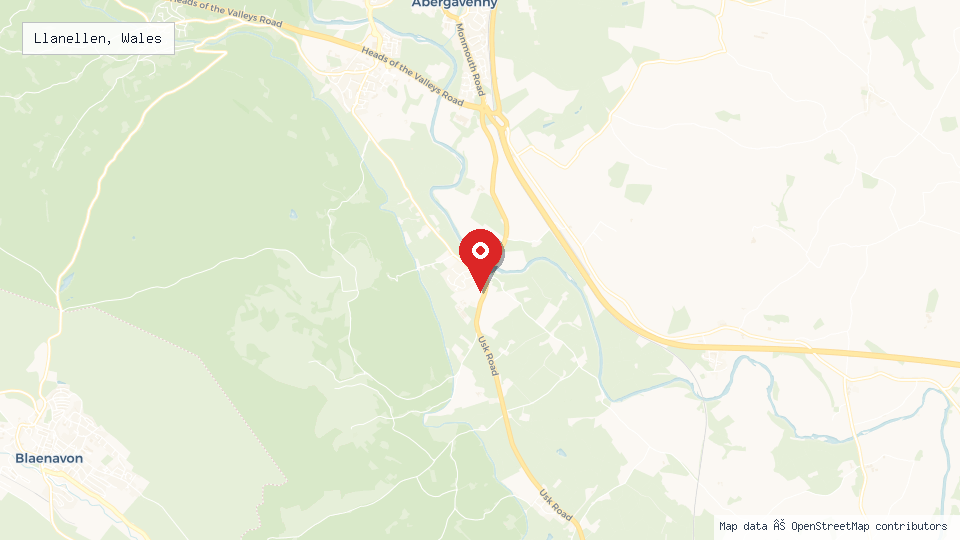 Street map of Llanellen, Wales with location pin