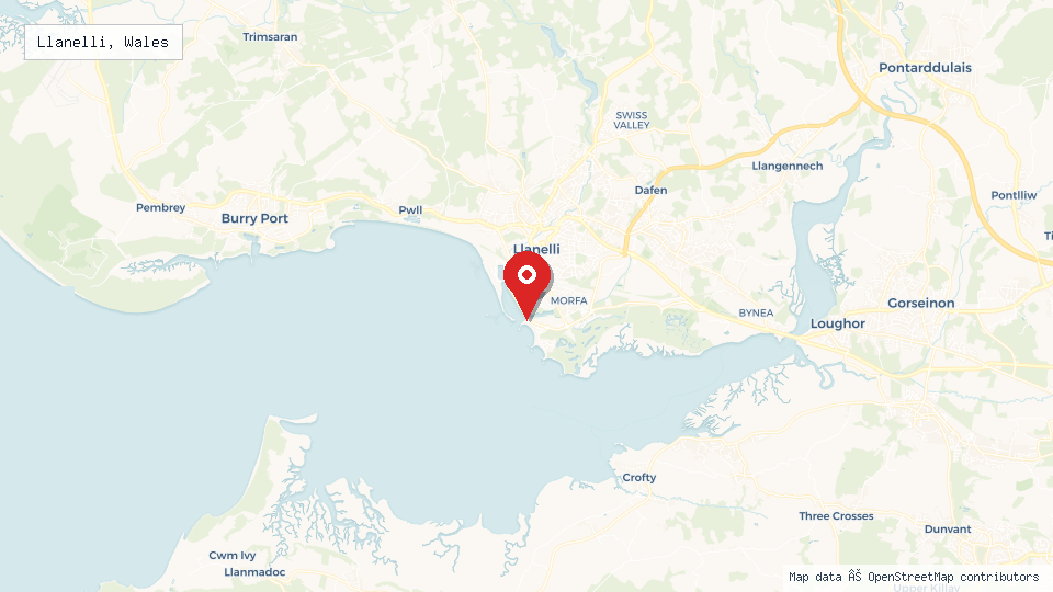 Street map of Llanelli, Wales with location pin