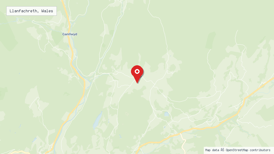Street map of Llanfachreth, Wales with location pin