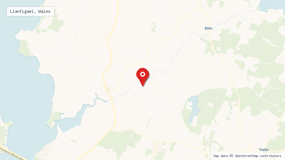 Street map of Llanfigael, Wales with location pin