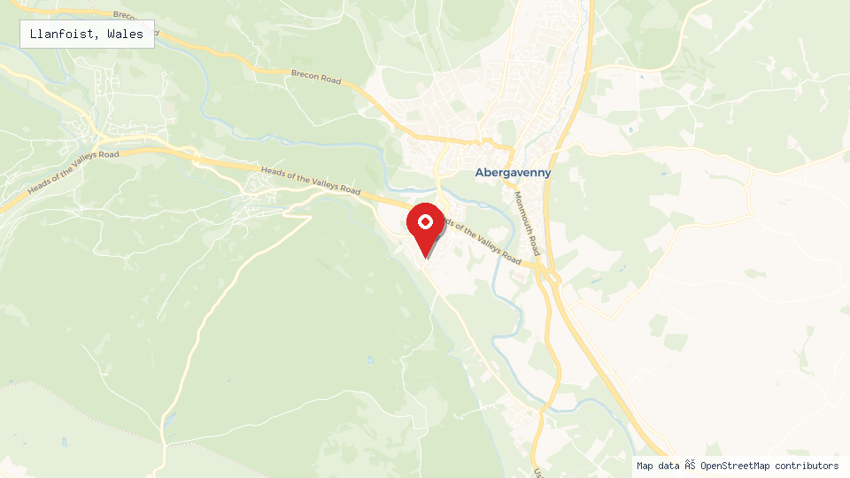 Street map of Llanfoist, Wales with location pin