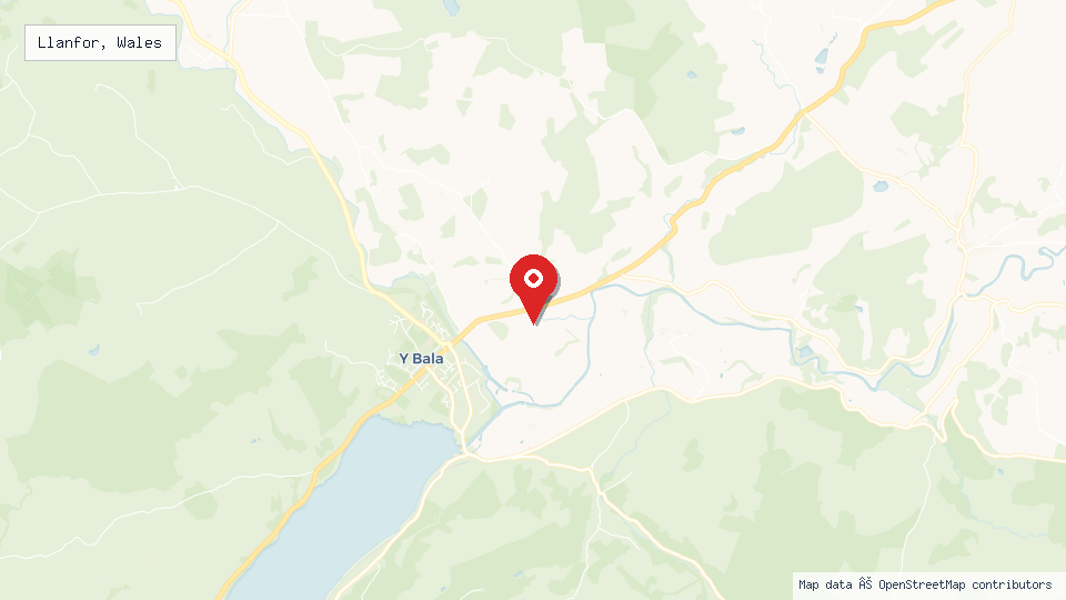 Street map of Llanfor, Wales with location pin