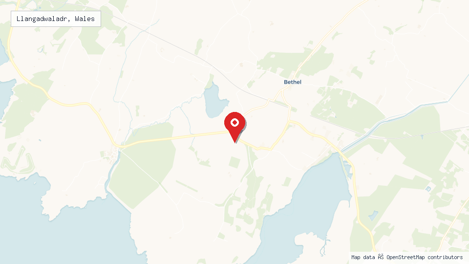 Street map of Llangadwaladr, Wales with location pin