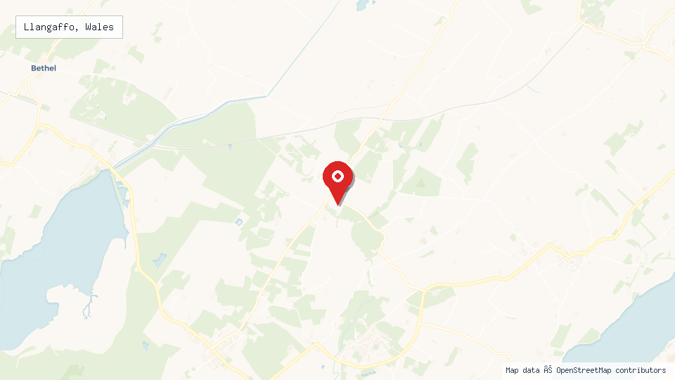 Street map of Llangaffo, Wales with location pin