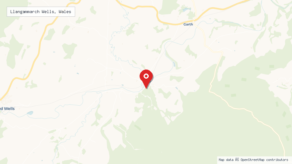 Street map of Llangammarch Wells, Wales with location pin
