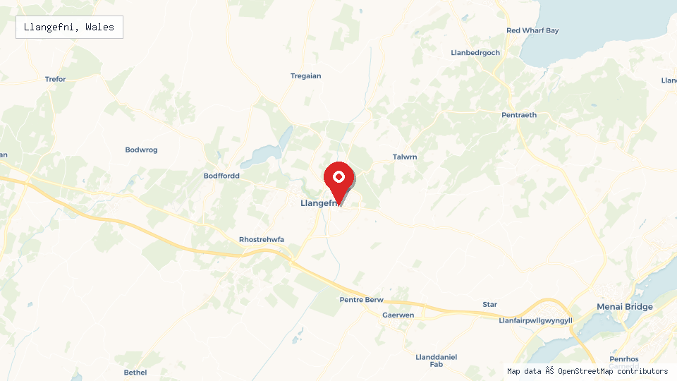 Street map of Llangefni, Wales with location pin