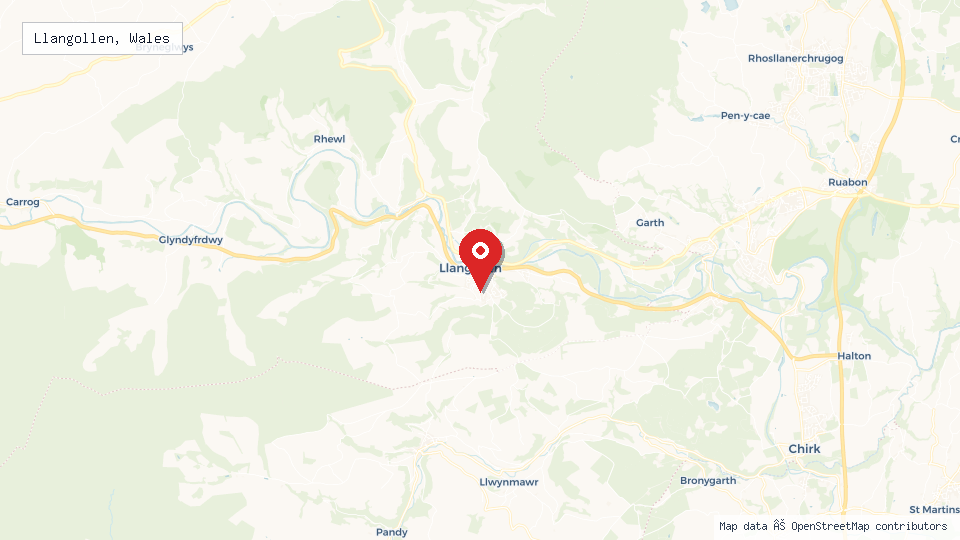 Street map of Llangollen, Wales with location pin