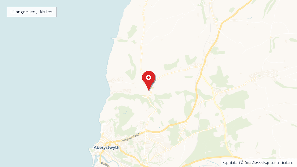 Street map of Llangorwen, Wales with location pin